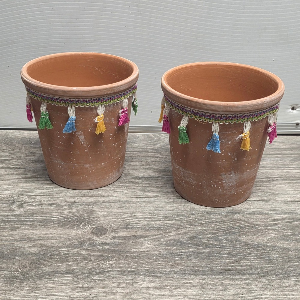 Set of 2 Boho Terracotta Planters with Colorful Tassel Trim 6x5.75in